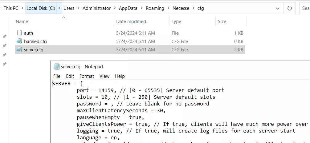 Necesse-Server: Geöffnete Konfigurationsdatei Necesse-Server: Geöffnete Konfigurationsdatei