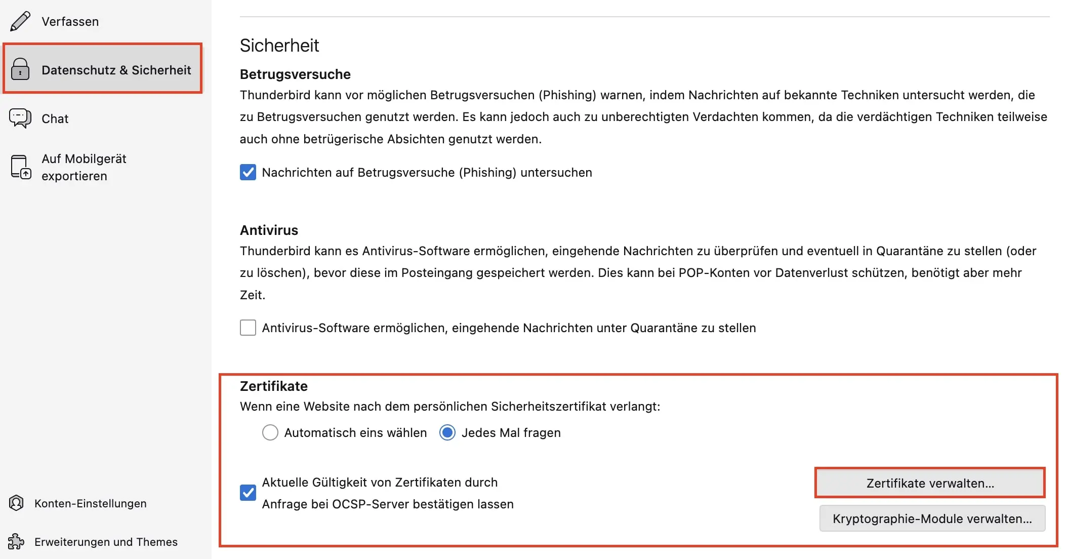Bild: Datenschutz & Sicherheit-Einstellungen in Thunderbird