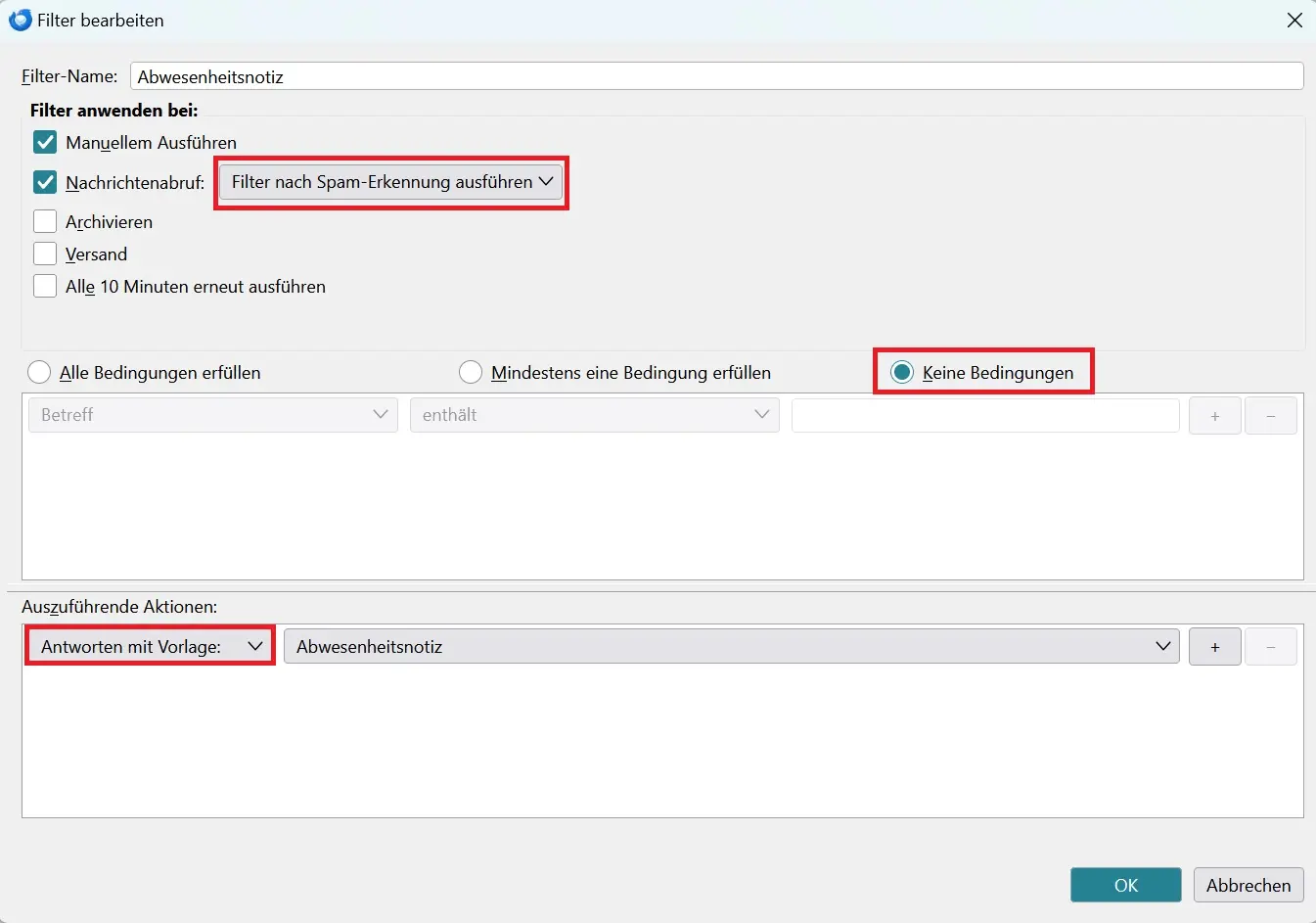 Bild: Thunderbird-Abwesenheitsnotiz einrichten: Filter konfigurieren