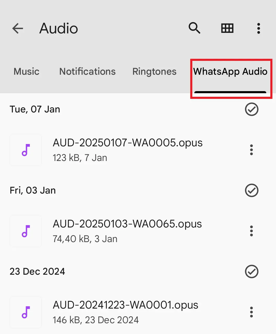 Bild: Android-Screenshot des Unterordners „WhatsApp Audio“