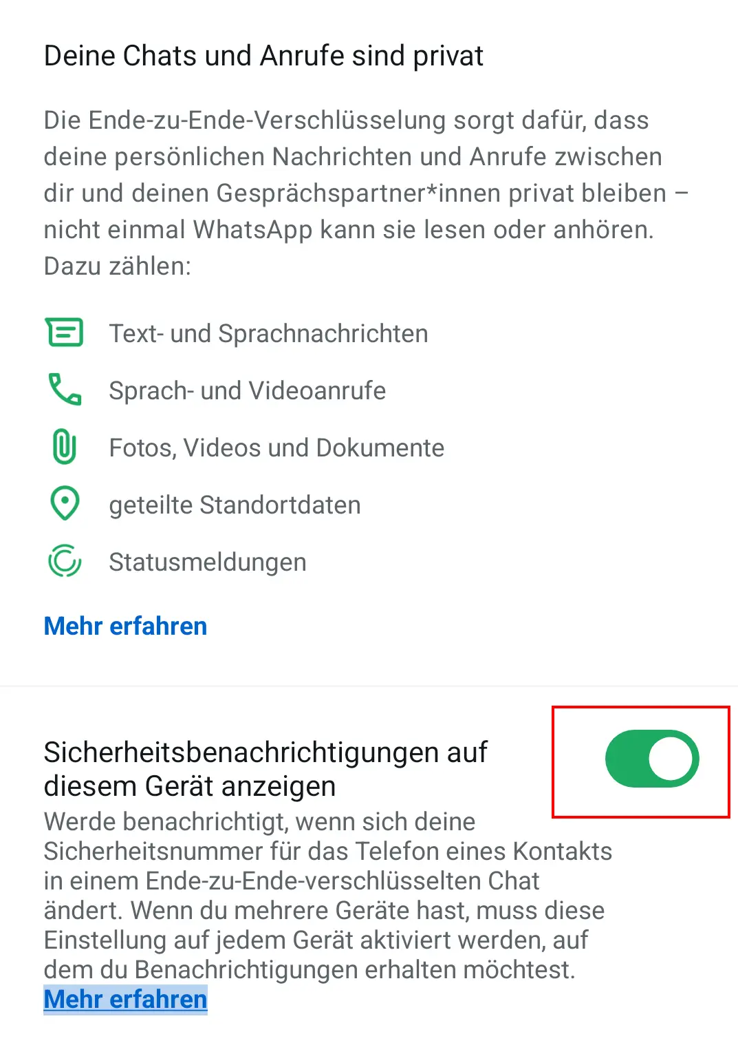 Bild: Android-Screenshot der Sicherheitseinstellungen in WhatsApp