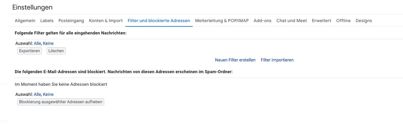 Bild: Screenshot der Filter-Einstellungen bei Gmail
