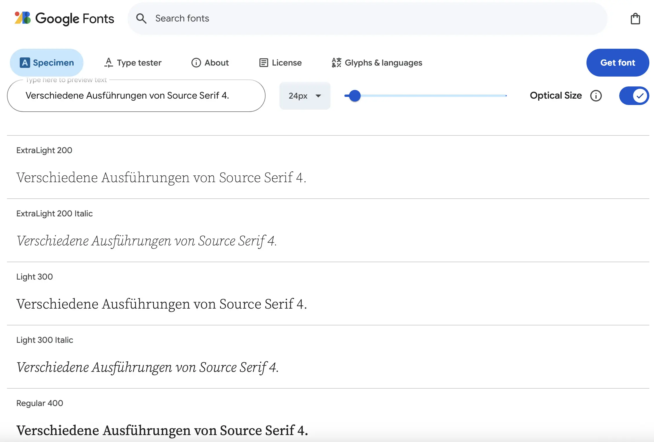 Bild: Verschiedene Ausführungen des Webfonts Source Serif Pro bei Google Fonts