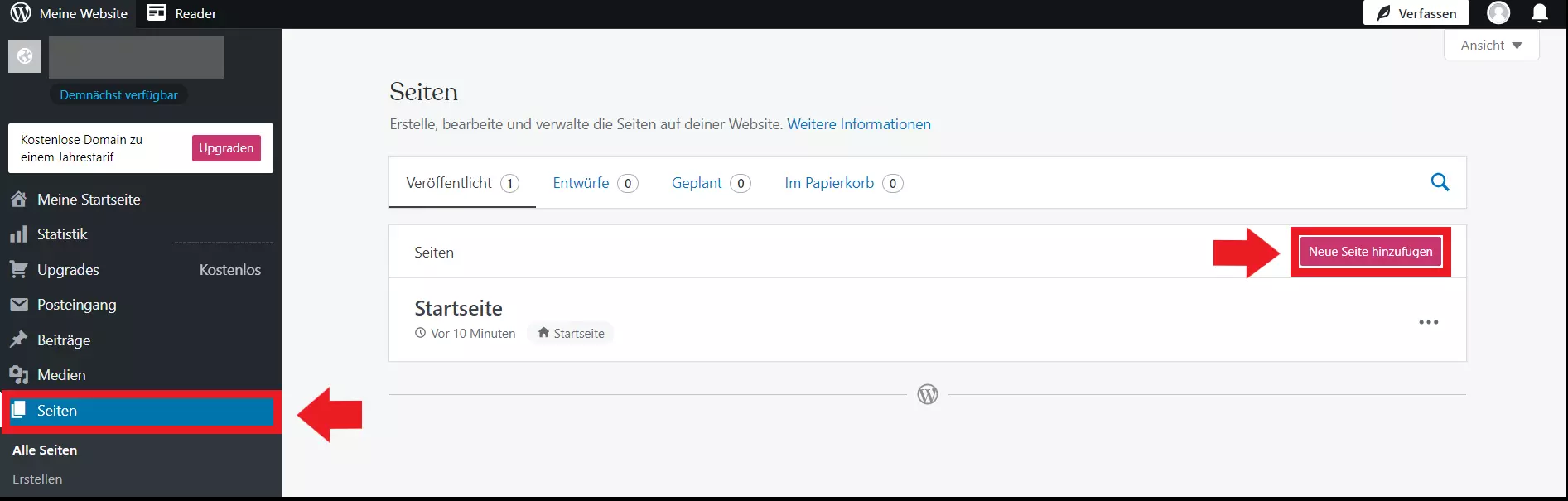 Bild: Das Menü „Seiten“ mit dem Button „Neue Seite hinzufügen“ im WordPress-Backend