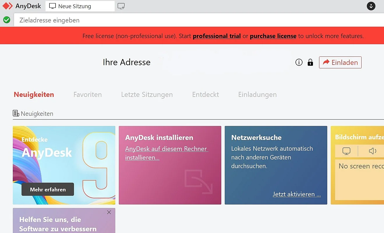 AnyDesk: Startbildschirm Bild: AnyDesk: Startbildschirm