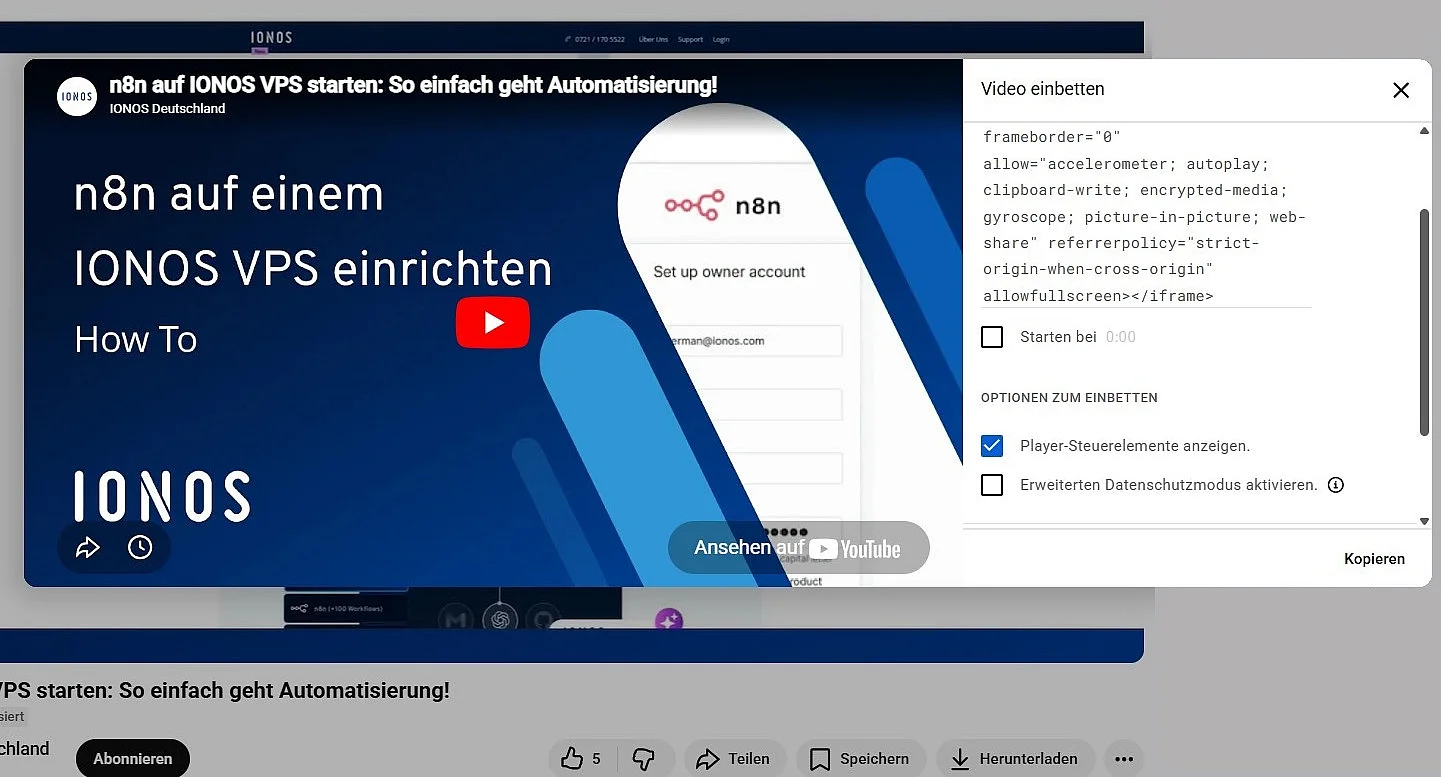 YouTube-Menü zum Video-Einbetten Bild: YouTube-Menü zum Video-Einbetten