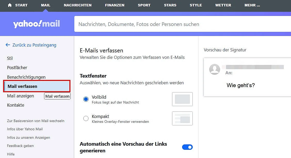 Bild: Yahoo Mail: Menü „Mail verfassen“