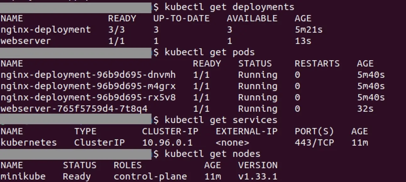 Bild: Terminal mit verschiedenen Kubernetes-Befehlen und -Outputs