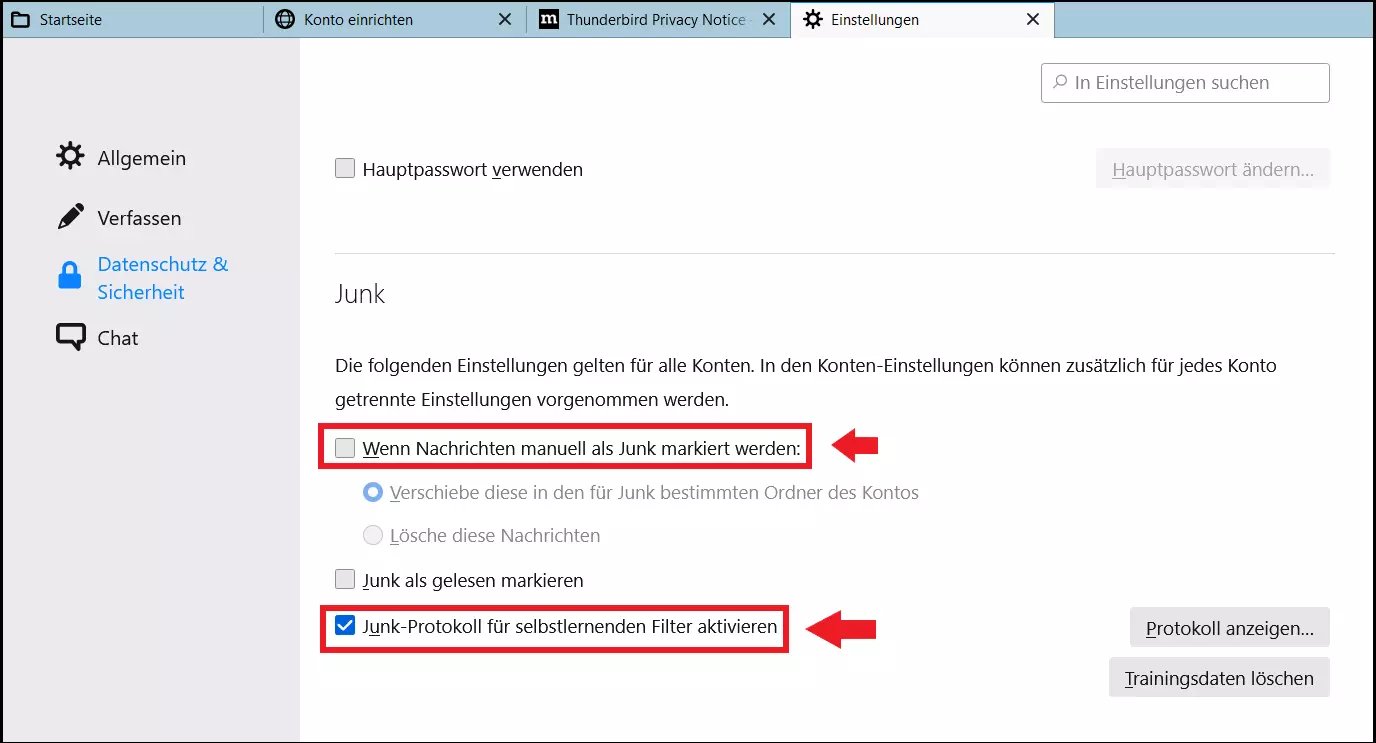 Bild: Thunderbird-Junk-Einstellung „Junk-Protokoll für selbstlernenden Filter aktivieren“