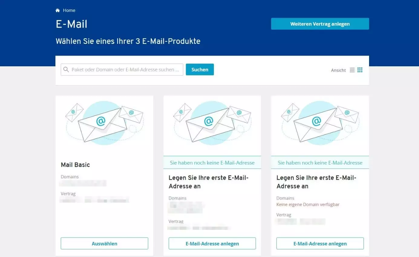 Verfügbare E-Mail-Produkte im IONOS Cloud Panel