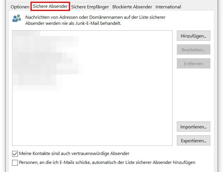 Outlook-Menü „Sichere Absender“ Bild: Outlook-Menü „Sichere Absender“