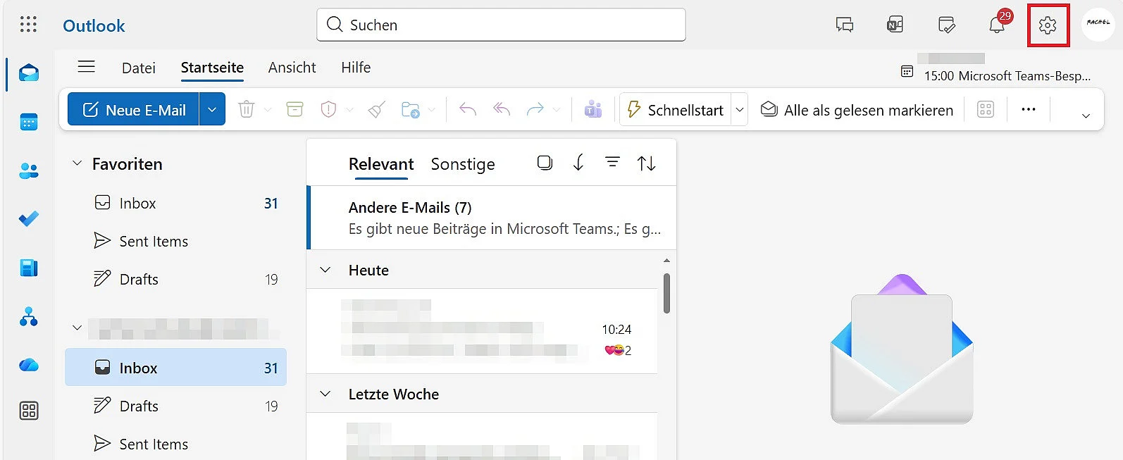 Bild: Outlook (Webversion): Zahnrad-Symbol, um die Einstellungen zu öffnen