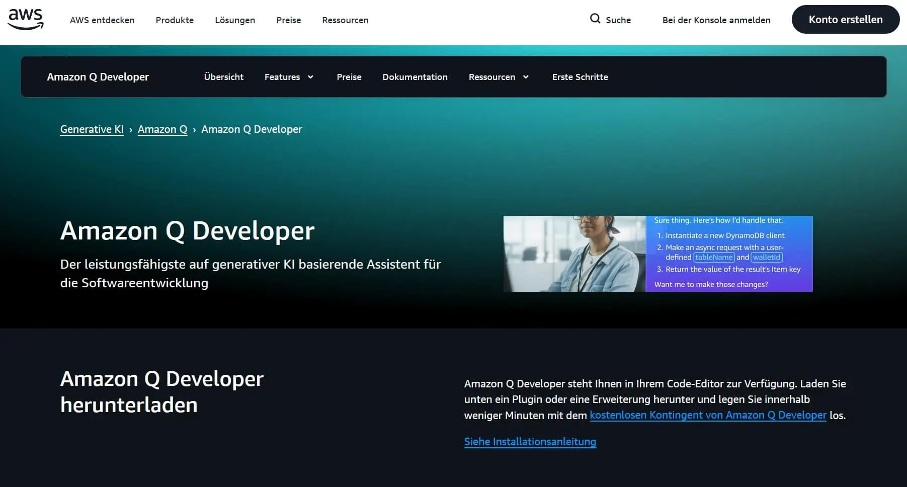 Website-Screenshot: Amazon Q Developer Bild: Website-Screenshot: Amazon Q Developer