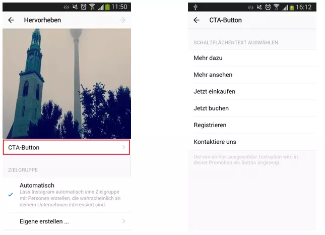 Einstellung des CTA-Buttons bei hervorgehobenen Instagram-Beiträgen