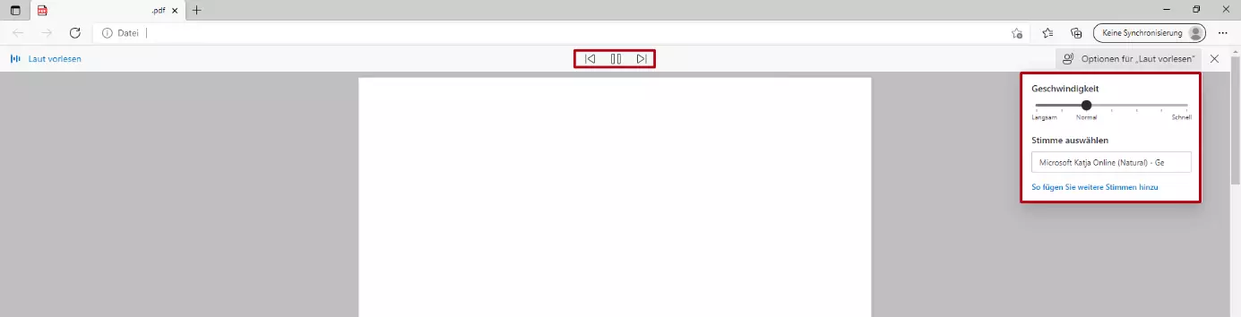Bild: Optionen beim Vorlesen einer PDF-Datei in Edge