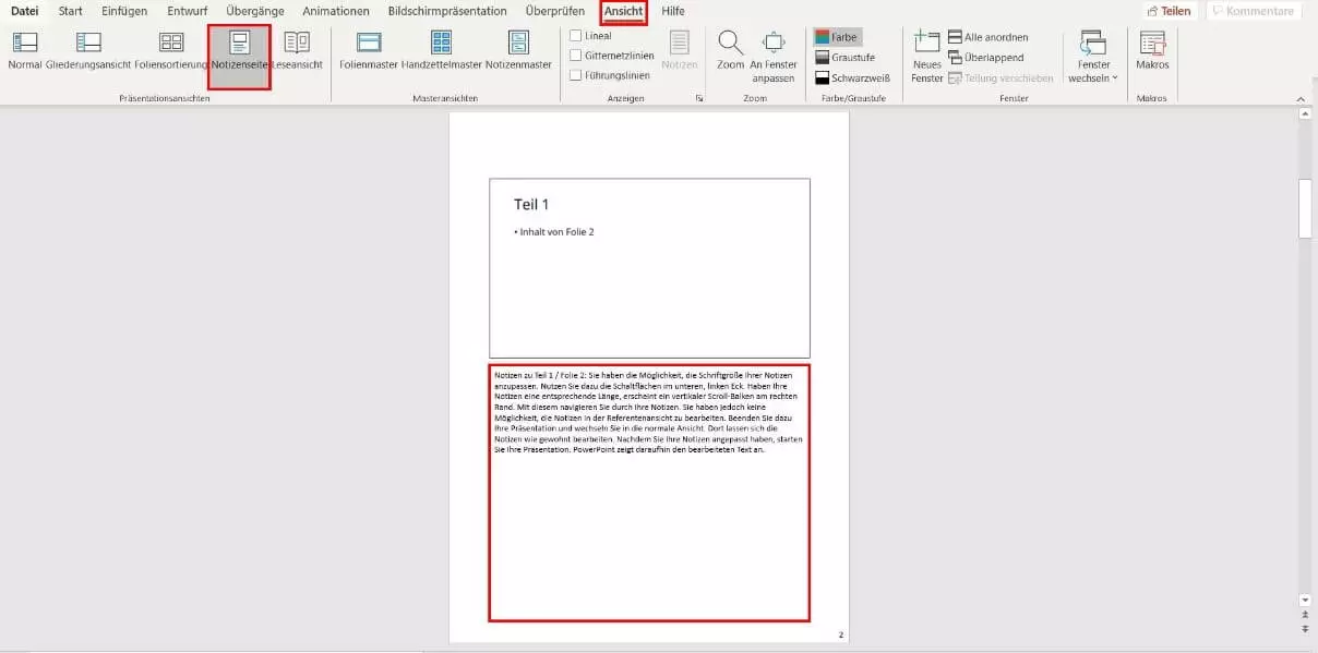 Bild: PowerPoint-Notizenseite: Einfügen von PowerPoint-Notizen