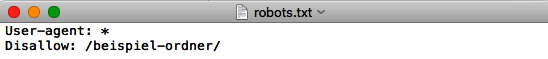 Screenshot einer robots.txt-Datei, bei der der Zugriff auf einen Ordner gesperrt wird