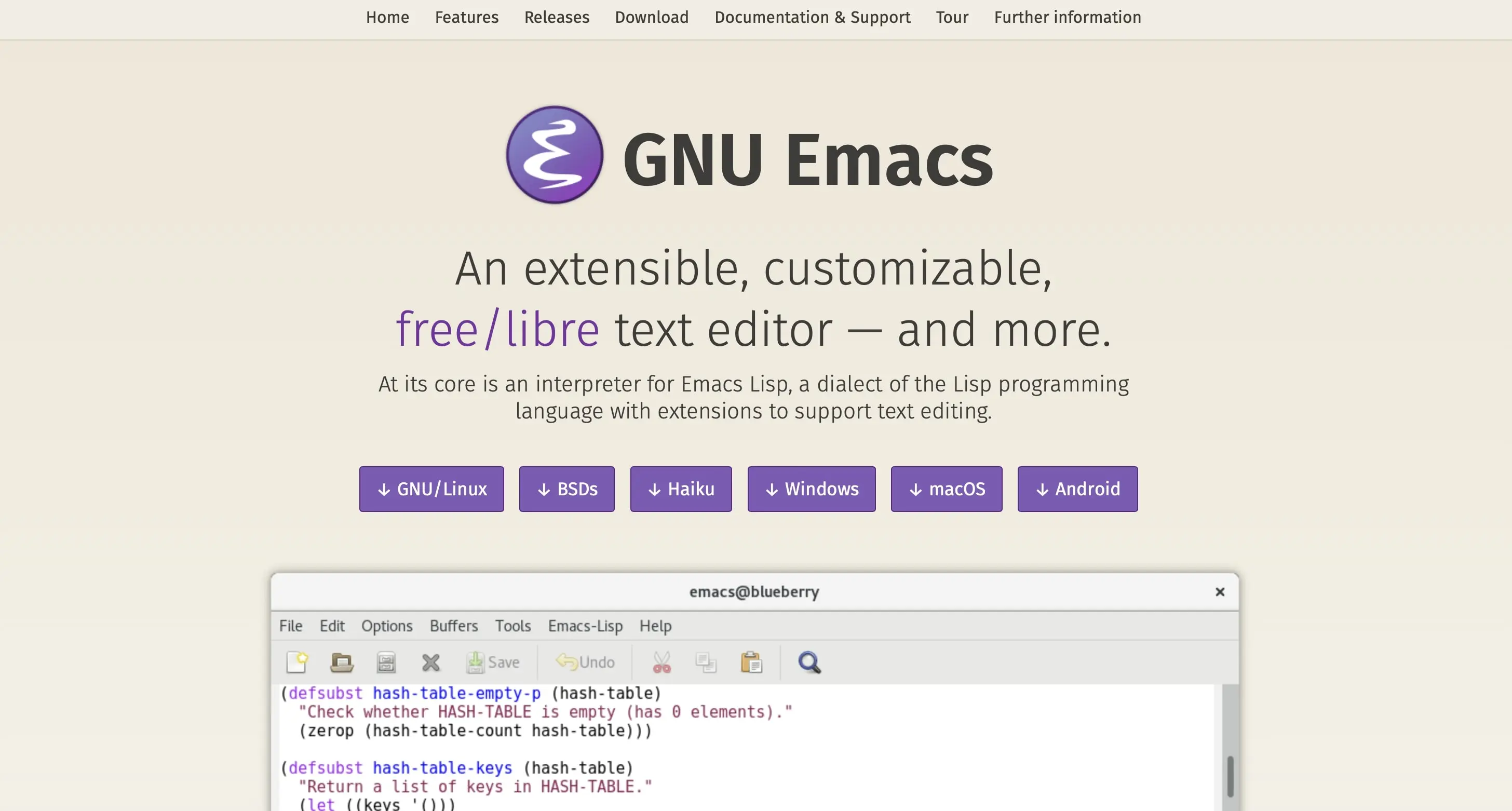 Bild: Screenshot der GNU Emacs Homepage