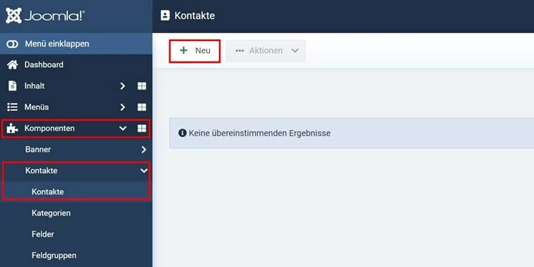 Bild: Joomla-Backend: „Kontakte“-Menü