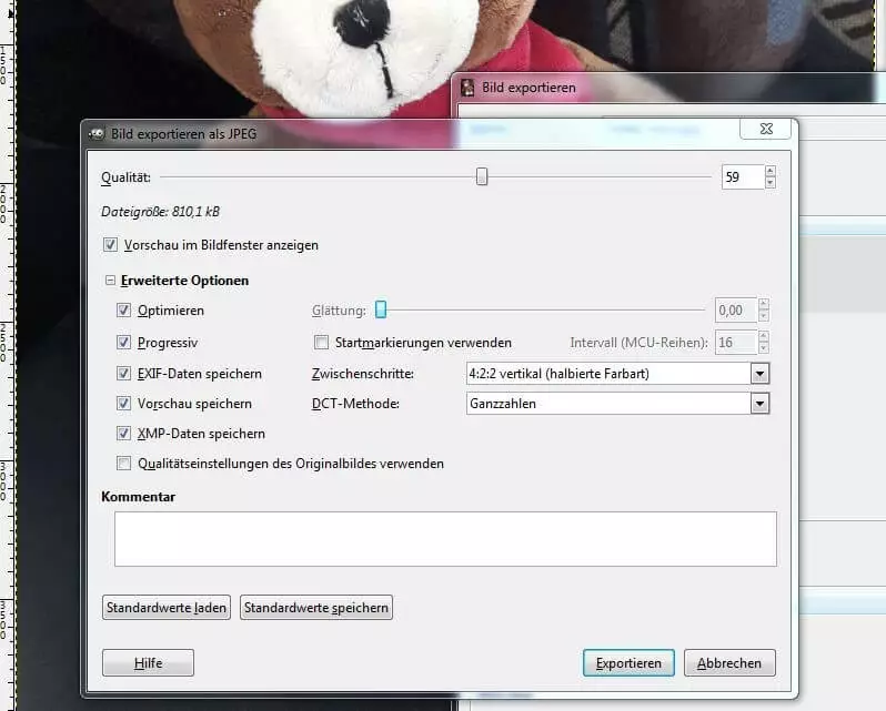 GIMP: Bild exportieren als JPEG