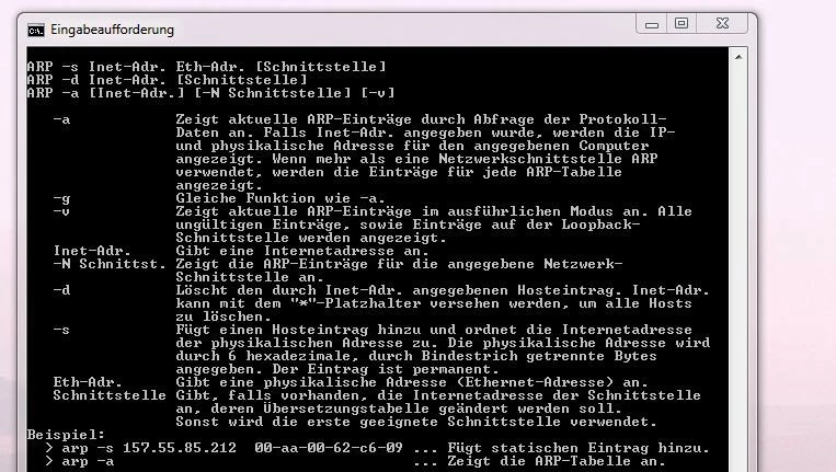 Bild: Windows: ARP-Übersichtsmenü in der Eingabeaufforderung
