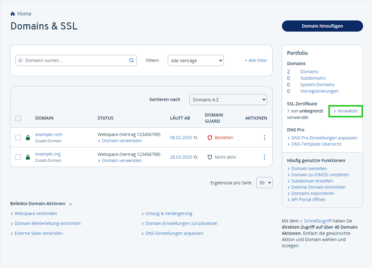 Die Übersichtsseite „Domains & SSL“ im IONOS Konto. Die „Verwalten“-Schaltfläche für SSL-Zertifikate ist hervorgehoben.