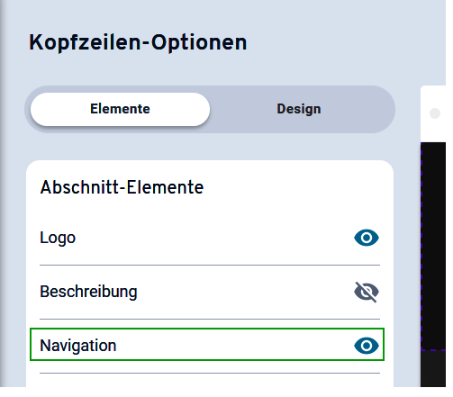 Abbildung: Ein Ausschnitt des Menüs für Kopfzeilen-Optionen. Die Schaltfläche für das Ein- und Ausblenden der Navigation ist markiert.