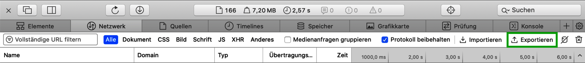 Screenshot: In Apple Safari werden die Entwicklertools angezeigt. In den Entwicklertools ist im Reiter Netzwerk die Schaltfläche Exportieren hervorgehoben.