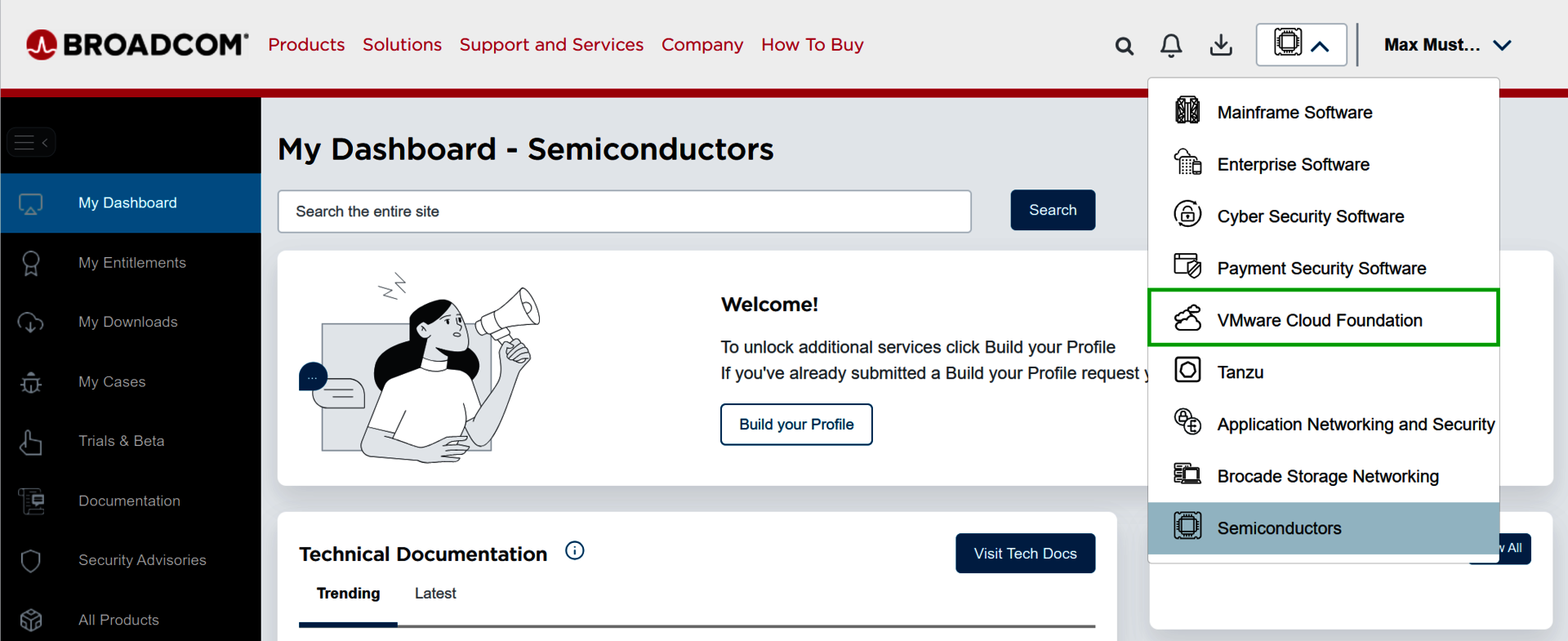 Screenshot: Im Broadcom-Dashboard wird unterhalb des Prozessorsymbols eine Liste angezeigt. In dieser Liste ist der Menüpunkt VMware Cloud Foundation hervorgehoben.