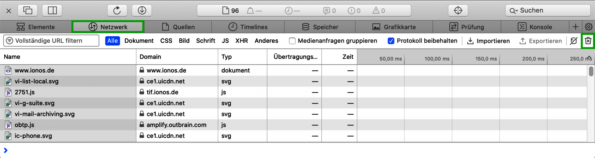 Screenshot: In Apple Safari werden die Entwicklertools angezeigt. In den Entwicklertools ist im Reiter Netzwerk die Schaltfläche Papierkorb hervorgehoben.