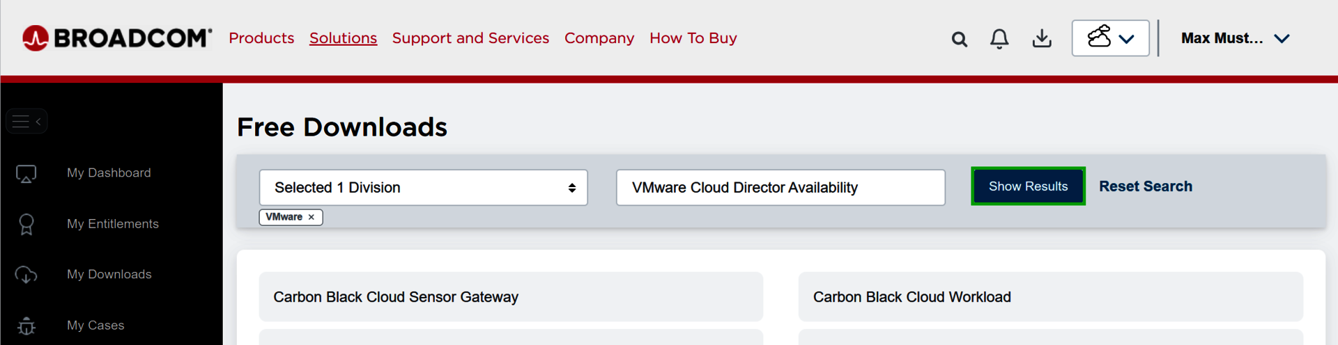 Screenshot: Im Broadcom-Portal wird die Seite Free Downloads angezeigt. Auf dieser Seite ist die Schaltfläche Show Results hervorgehoben.