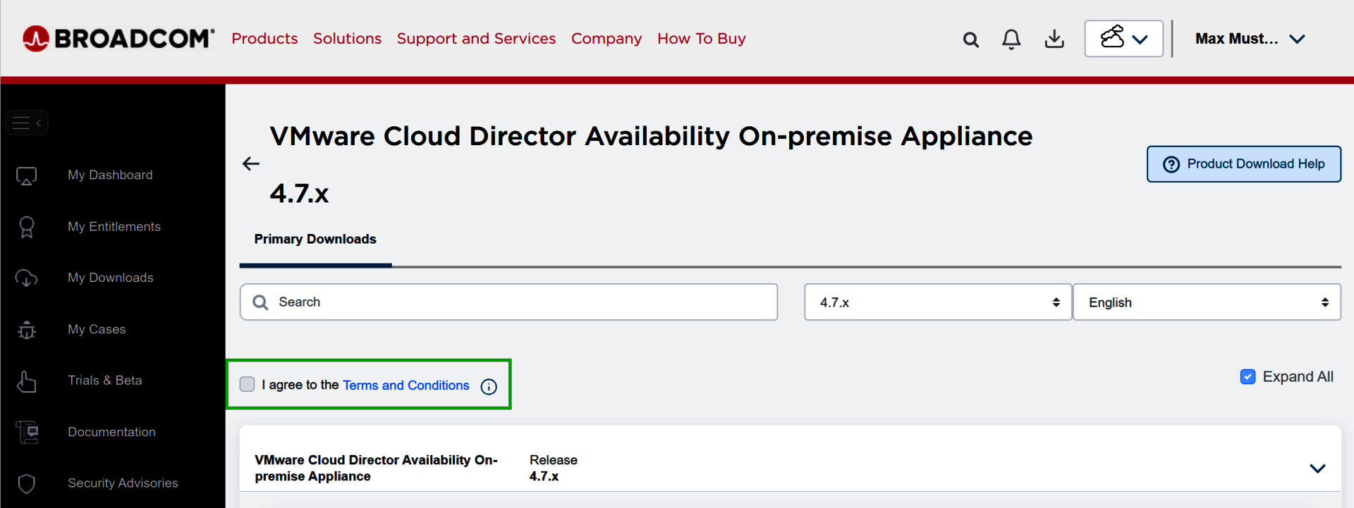 Screenshot: Im Broadcom-Portal wird die Seite VMware Cloud Director Availability On-premise Appliance angezeigt. Auf dieser Seite ist das Kontrollkästchen zur Zustimmung zu den Nutzungsbedingungen hervorgehoben.