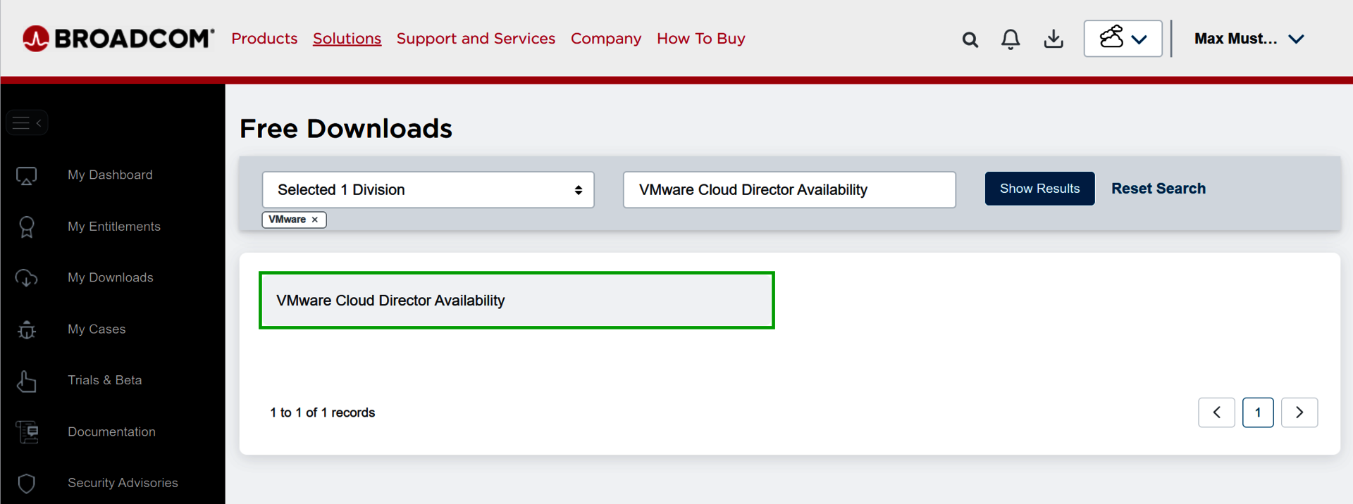 Screenshot: Im Broadcom-Portal wird die Seite Free Downloads angezeigt. Auf dieser Seite ist in der Suchergebnisliste der Eintrag VMware Cloud Director Availability hervorgehoben.