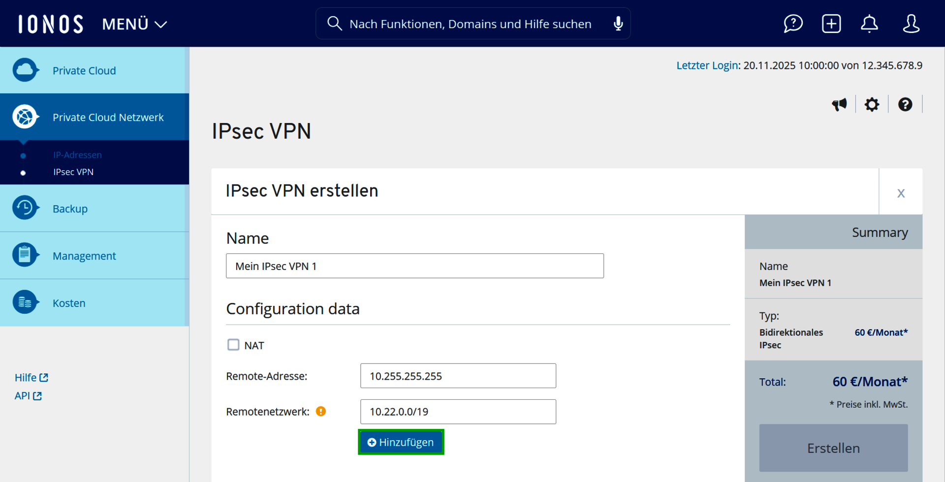 Screenshot: Der Bereich IPsec VPN erstellen wird im Cloud Panel angezeigt. In diesem Bereich ist die Schaltfläche Hinzufügen hervorgehoben. 