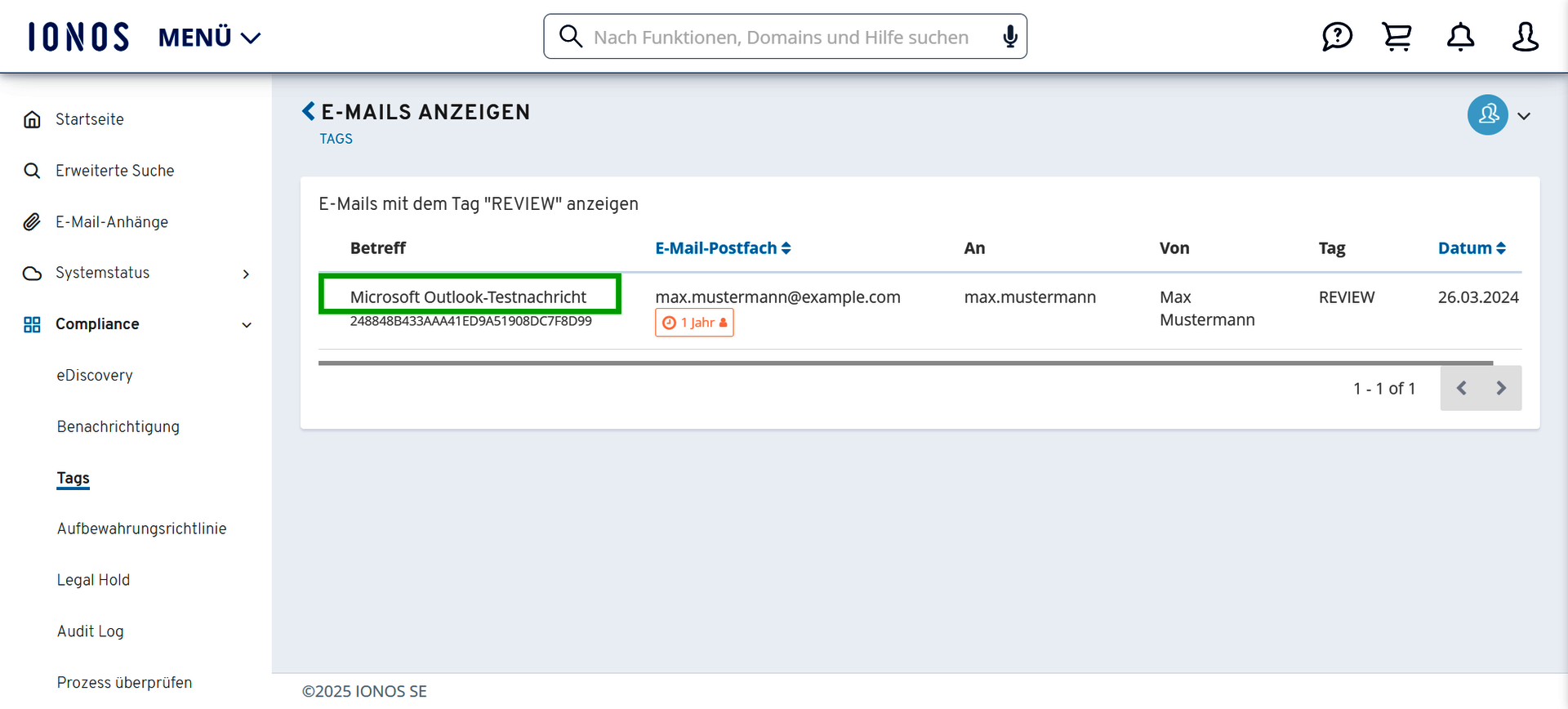 Screenshot: Die Seite E-Mail anzeigen wird angezeigt. Auf dieser Seite ist die E-Mail mit dem gewünschten Tag hervorgehoben.