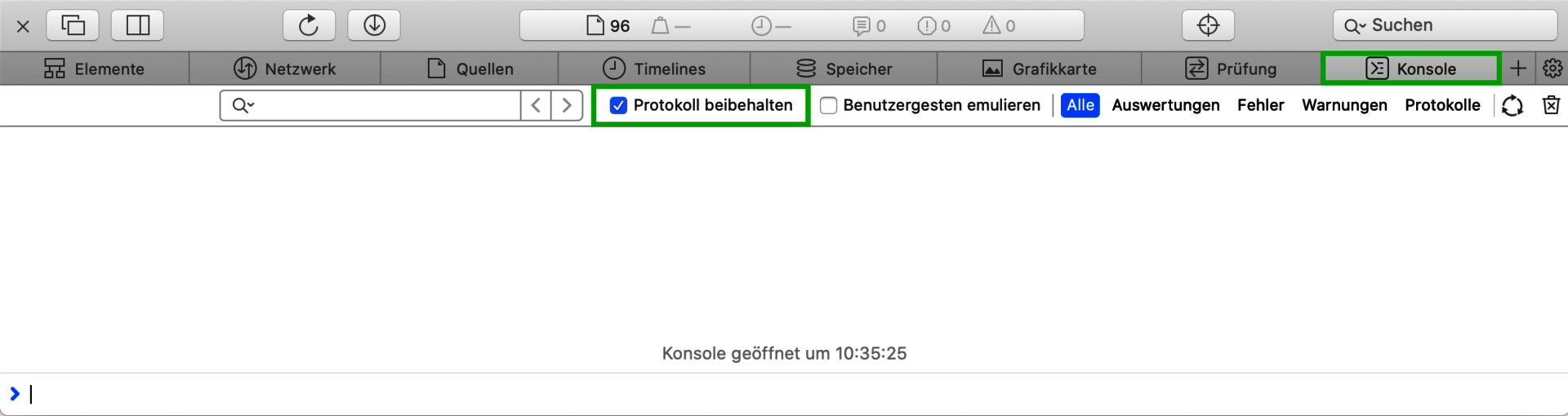 Screenshot: In Apple Safari werden die Entwicklertools angezeigt. In den Entwicklertools ist im Reiter Konsole die Option Protokoll beibehalten hervorgehoben.
