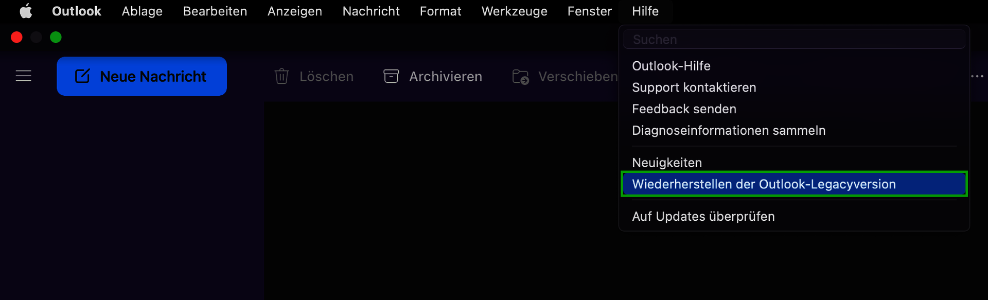Screenshot: Die obere Menüleiste von Outlook wird angezeigt. Im Menü Hilfe ist der Menüpunkt Wiederherstellen der Outlook-Legacyversion hervorgehoben.
