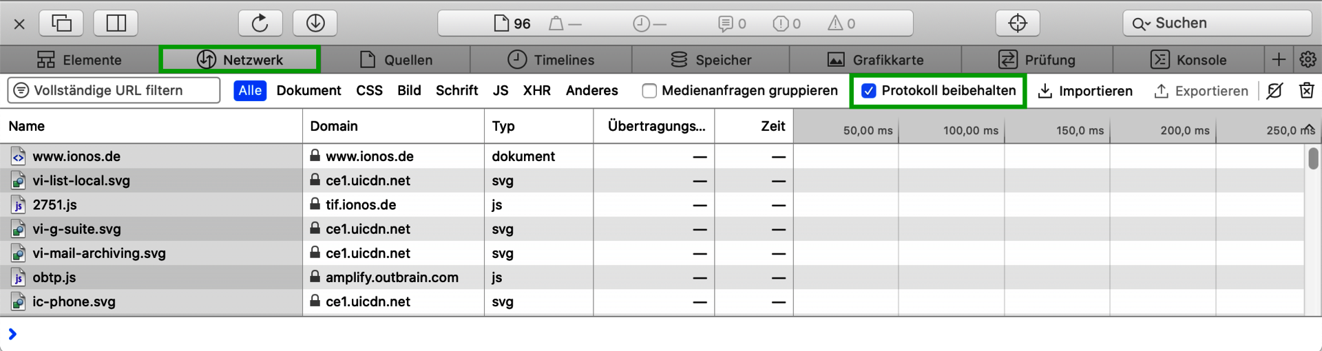 Screenshot: In Apple Safari werden die Entwicklertools angezeigt. In den Entwicklertools ist im Reiter Netzwerk die Option Protokoll beibehalten hervorgehoben.