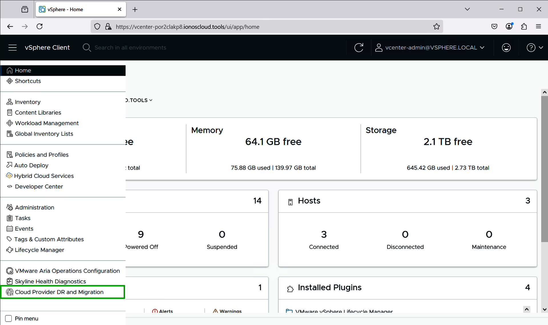 Screenshot: Das Menü des vSphere Clients wird angezeigt. In diesem Menü ist der Cloud Provider DR and Migration hervorgehoben. Es handelt sich hierbei um das vSphere-Plug-in.