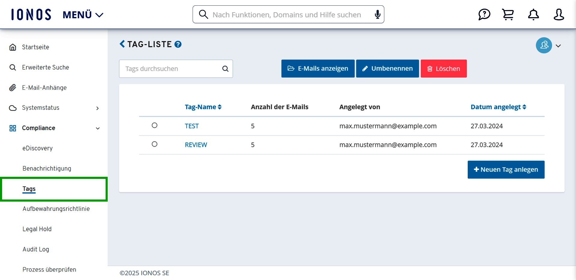 Screenshot: Die Startseite der E-Mail-Archivierung wird angezeigt. Auf dieser Seite ist in der Navigationsleiste der Menüpunkt Compliance > Tags hervorgehoben.