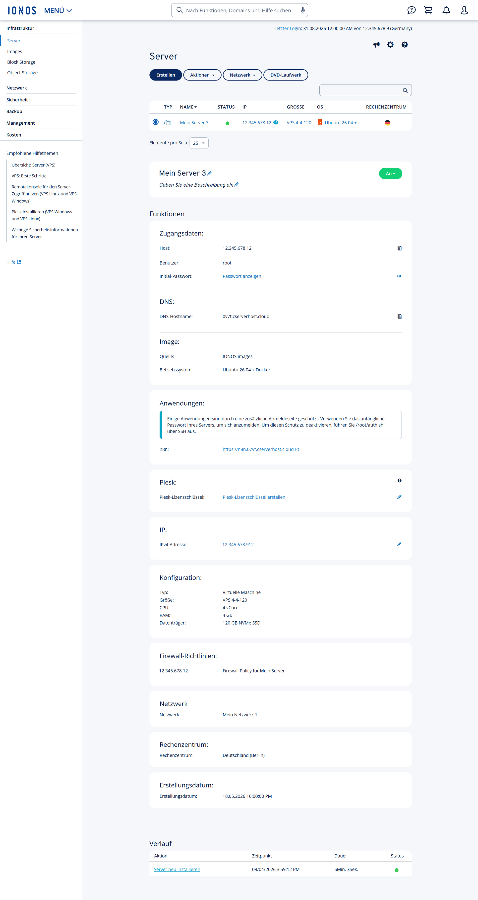 Screenshot: Der Bereich Infrastruktur > Server wird im Cloud Panel angezeigt. In diesem Bereich werden die Serverdetails angezeigt. Diese enthalten unter anderem Zugangs- und Konfigurationsinformationen sowie Firewall-Richtlinien.