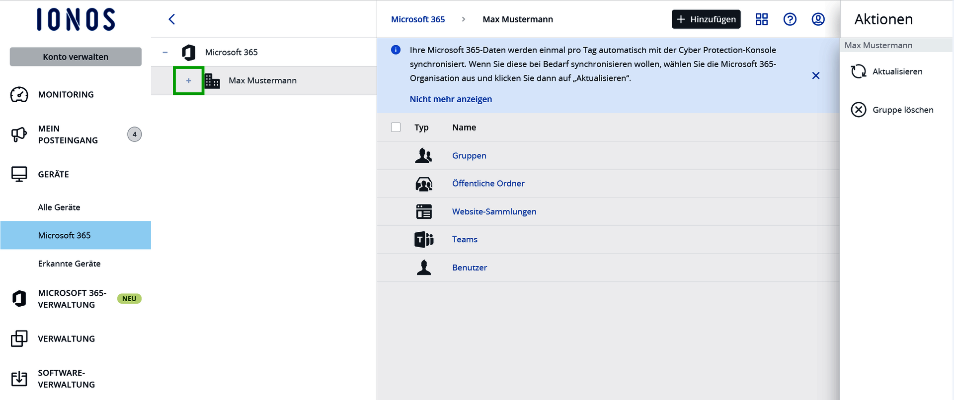 Screenshot: Der Bereich Microsoft 365 wird angezeigt. Auf dieser Seite ist das Pluszeichen neben dem aufgeführten Benutzer hervorgehoben.