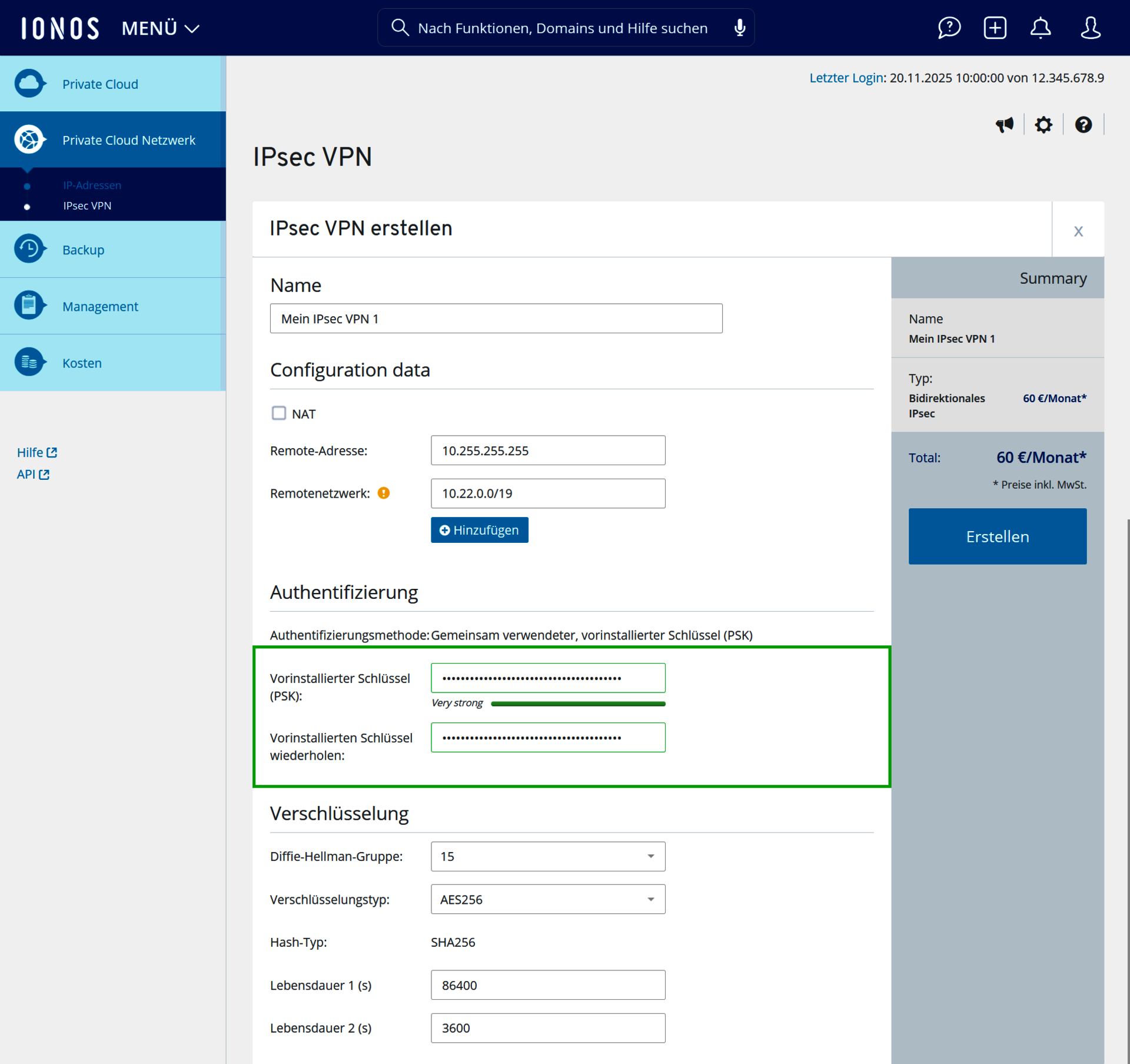 Screenshot: Der Bereich IPsec VPN erstellen wird im Cloud Panel angezeigt. In diesem Bereich sind die Felder Vorinstallierter Schlüssel (PSK) und Vorinstallierter Schlüssel wiederholen hervorgehoben. 