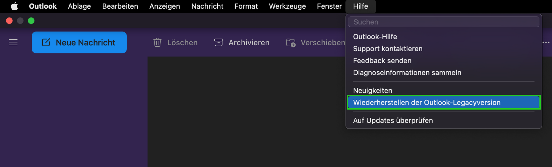 Screenshot: Die obere Menüleiste von Outlook wird angezeigt. Im Menü Hilfe ist der Menüpunkt Wiederherstellen der Outlook-Legacyversion hervorgehoben.