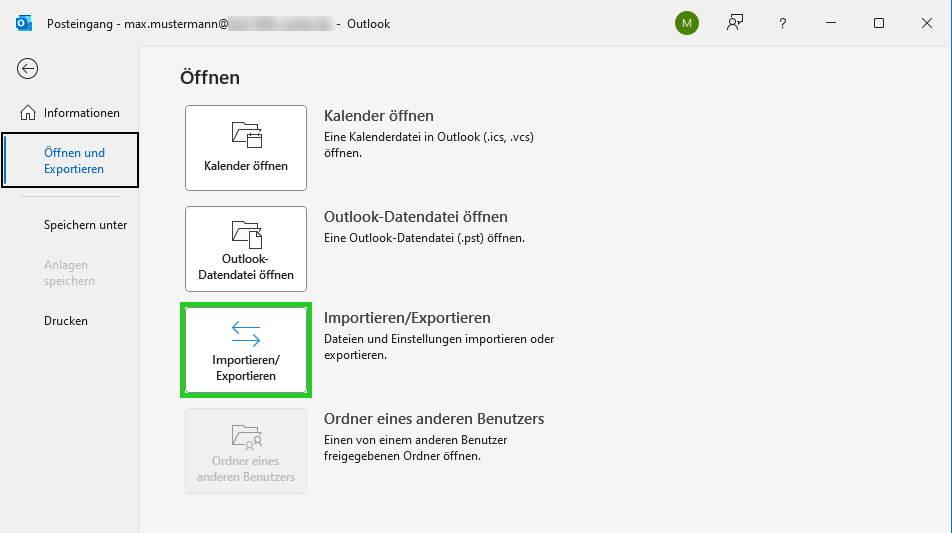 Screenshot: Der Bereich Öffnen und Exportieren wird in Outlook 2024 angezeigt. In diesem Bereich ist die Schaltfläche Importieren/Exportieren hervorgehoben.