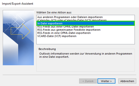 Screenshot: Das Fenster Import/Export-Assistent wird angezeigt. In diesem Fenster ist die Option In Datei exportieren hervorgehoben.