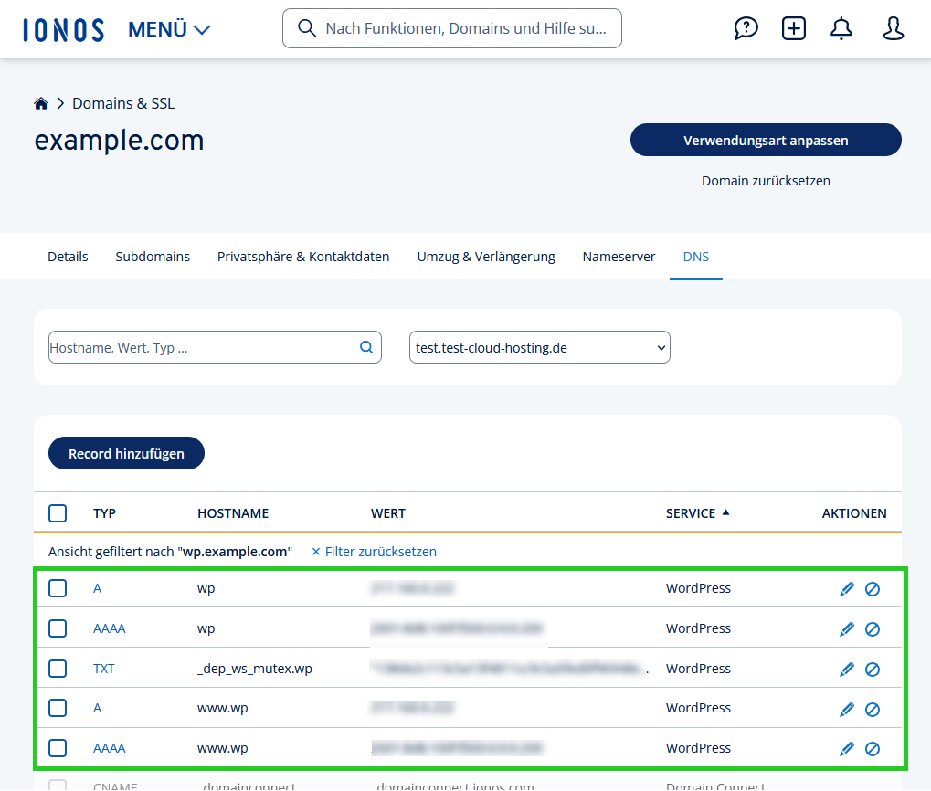 DNS-Verwaltung im IONOS Konto mit einer Liste der für WordPress erstellten DNS-Einträge.