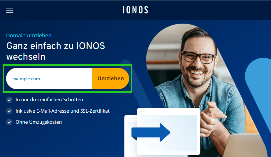 Screenshot der Seite "Domain umziehen" auf der IONOS Website.