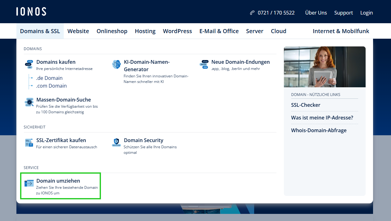 Das Navigationsmenü 'Domains & SSL' auf der IONOS Webseite mit dem hervorgehobenen Menüpunkt 'Domain umziehen'.