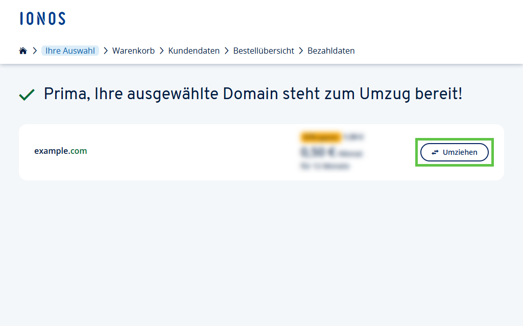 Bestätigungsseite, dass die Domain example.com zum Umzug zu IONOS bereit ist, mit dem Button 'Umziehen'.